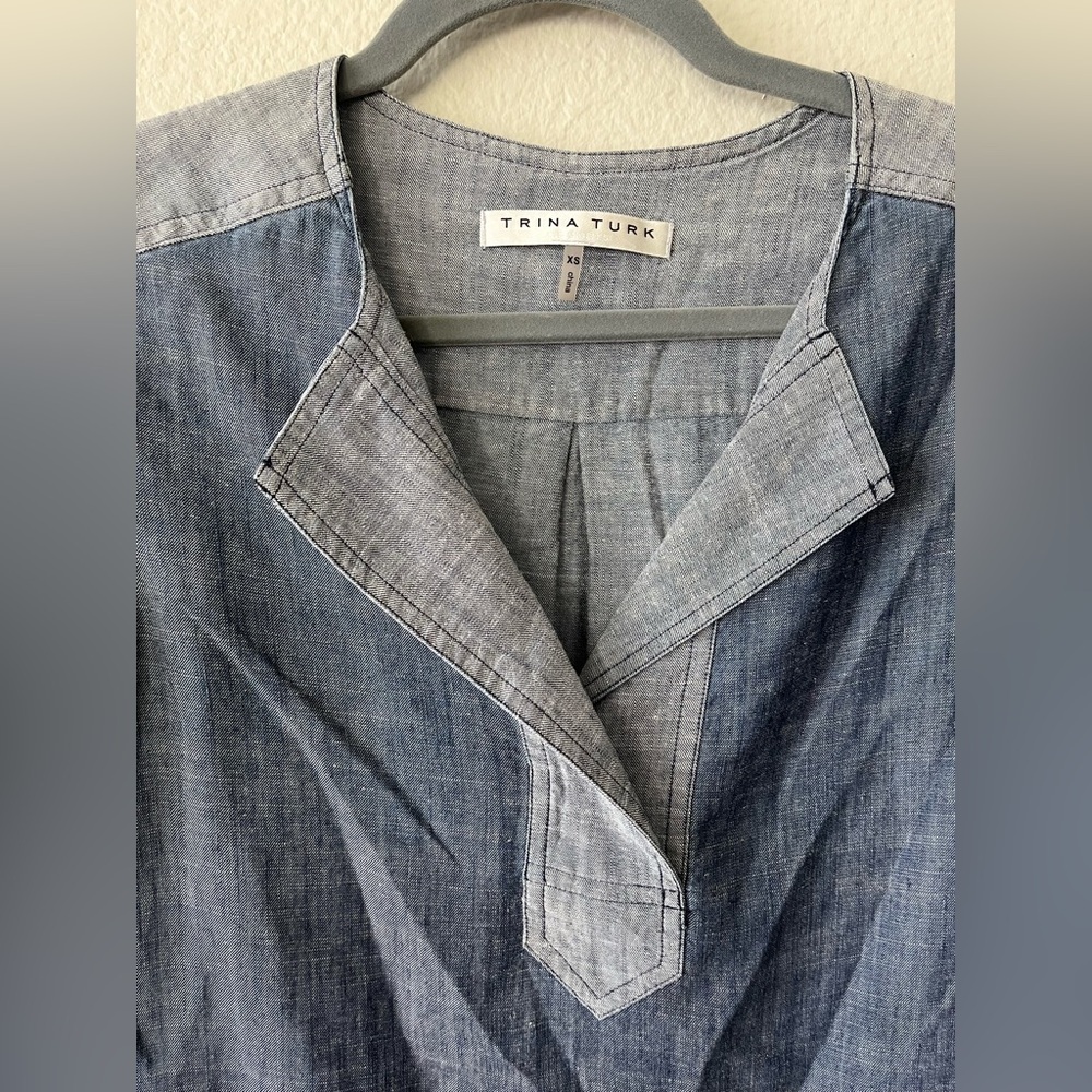 Trina Turk Linen Groove Split Neck With Half Sleeves in Blue Women’s Size XS - Picture 5 of 11